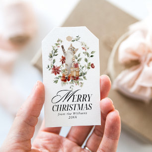 Étiquettes-cadeau Floral Elegant Aquarelle Chat Joyeux Noël