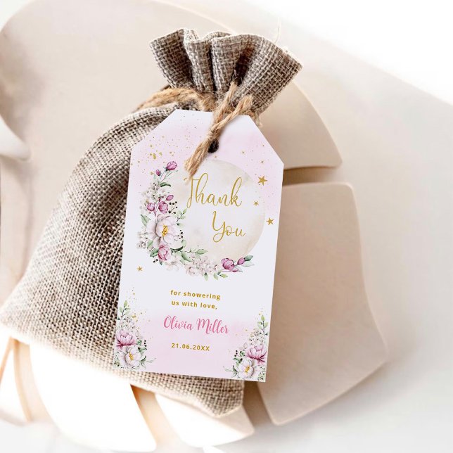 Étiquettes-cadeau Floral Lune Baby shower rose Merci (Créateur téléchargé)