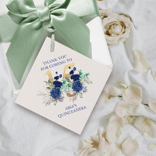 Étiquettes Cadeau Floral Numéro 15 Ivory Royal Blue Gold Quinceanera
