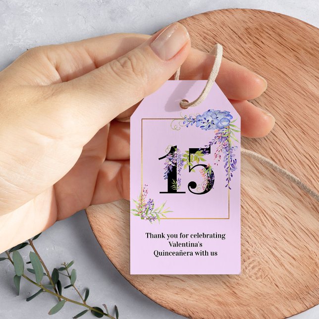 Étiquettes-cadeau Floral Numéro 15 Quinceanera Merci (15th Birthday Gift Tags from my Purple Wisteria Quinceanera Collection)