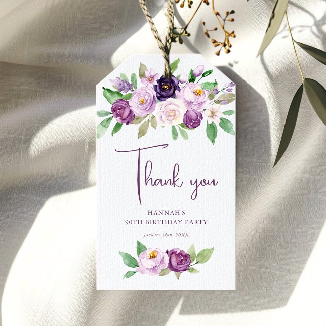 Étiquettes-cadeau Floral pourpre 90e anniversaire Merci Favor (Créateur téléchargé)