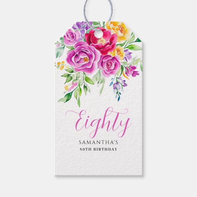 Étiquettes-cadeau Floral rose 80e anniversaire (Devant)