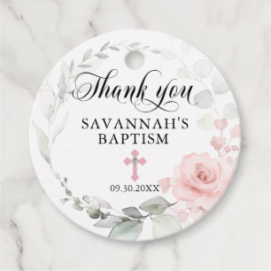 Étiquettes Cadeau Floral rose fille Christening Baptême Merci