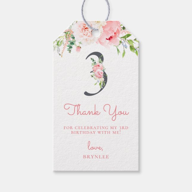 Étiquettes-cadeau Floral rose pâle 3e Merci d'anniversaire (Devant)
