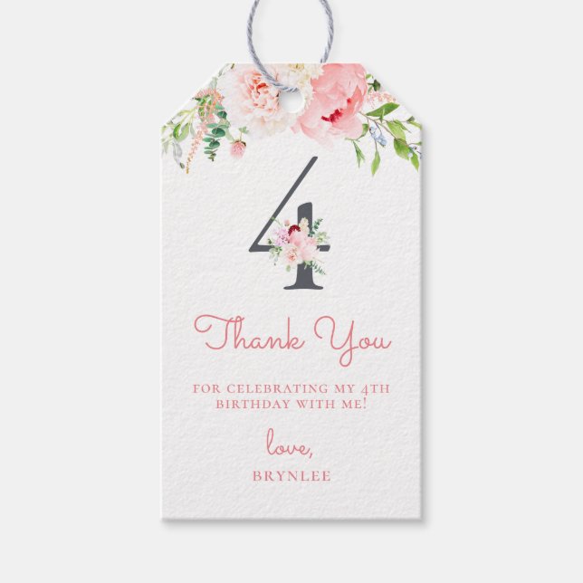 Étiquettes-cadeau Floral rose pâle 4e anniversaire Merci (Devant)