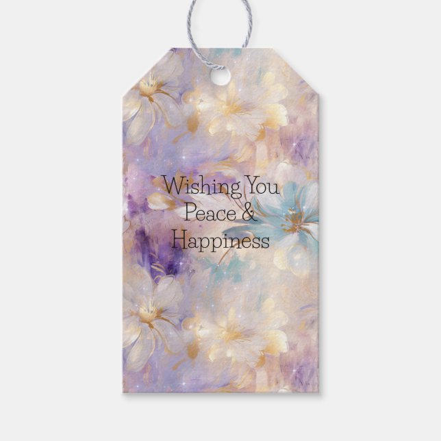 Étiquettes-cadeau Flore bleu violet d'or blanc (Devant)