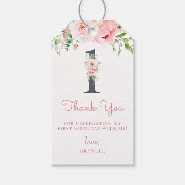 Étiquettes-cadeau Flore rose pâle 1er Merci d'anniversaire (Devant)