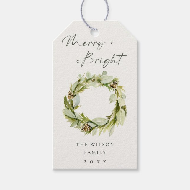 Étiquettes-cadeau Folithe hiver Wreath Joyeux et brillant Noël (Devant)
