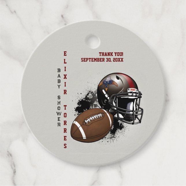 Étiquettes Cadeau Football américain Baby shower rouge et noir (Devant)