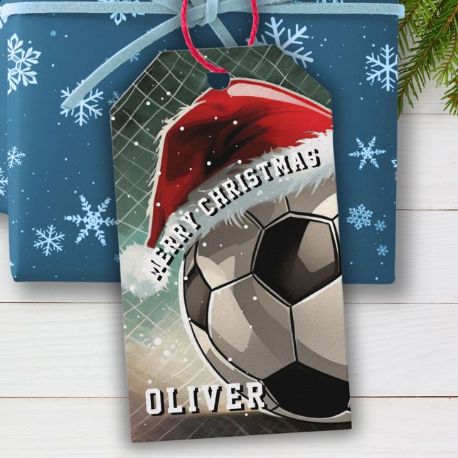 Étiquettes-cadeau Football Football Ball Santa Hat Joyeux Noël (Créateur téléchargé)