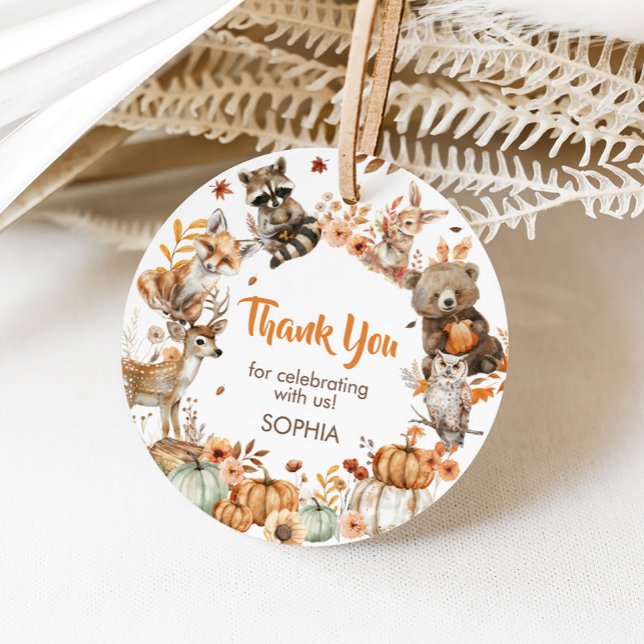 Étiquettes Cadeau Forêt Bois Animaux Fête d'anniversaire (Forest Woodland Animals Pumpkin Birthday Party Round Favor Tags)