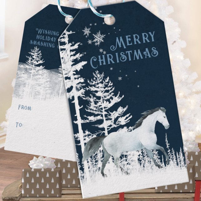 Étiquettes-cadeau Forêt de neige sauvage Cheval blanc Joyeux Noël (Snowy Forest Wild White Horse Merry Christmas Holiday Gift Wrapping Name Tag
)