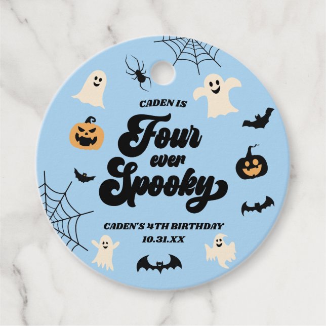 Étiquettes Cadeau Four Ever Éffrayant Bleu Halloween 4e fête d'anniv (Devant)