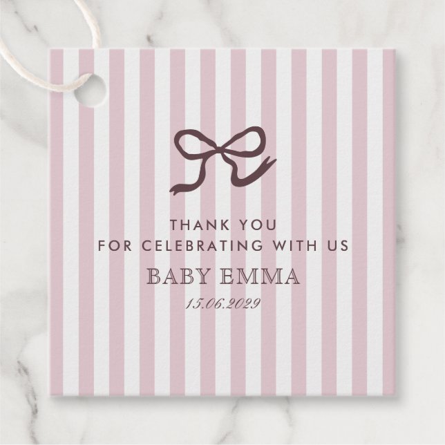 Étiquettes Cadeau Français Rose Bow & Stripes Baby shower Favoriser  (Devant)