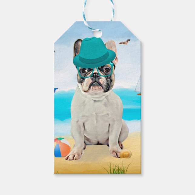 Étiquettes-cadeau French Bulldog sur la plage (Devant)