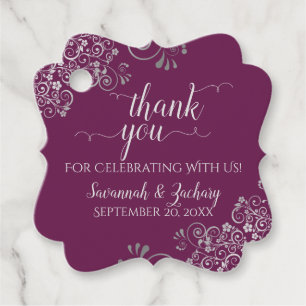 Étiquettes Cadeau Frilly Cassis Merci Mariage violet et argent