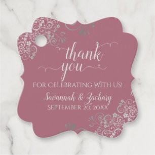 Étiquettes Cadeau Frilly Dusty Rose et Merci Mariage gris argent