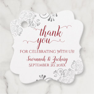 Étiquettes Cadeau Frilly Rouge blanc & Mariage gris argent Merci