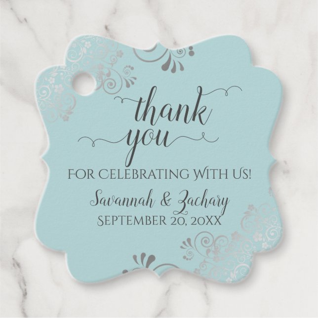 Étiquettes Cadeau Frilly Turquoise Mint & Merci Mariage gris argent (Devant)