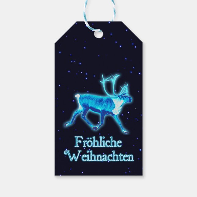 Étiquettes-cadeau Froehliche Weihnachten - Caribou bleu (rennes) (Devant)