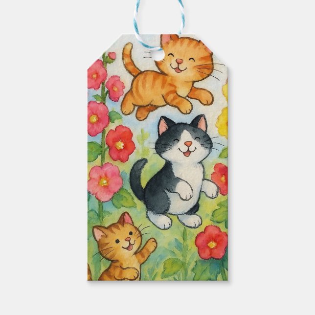 Étiquettes-cadeau Frolicking Country Chats in Flower Garden (Devant)