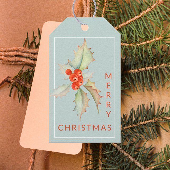 Étiquettes-cadeau Fruits d'eau rouge Joyeux Noël bleu poussiéreux (Créateur téléchargé)