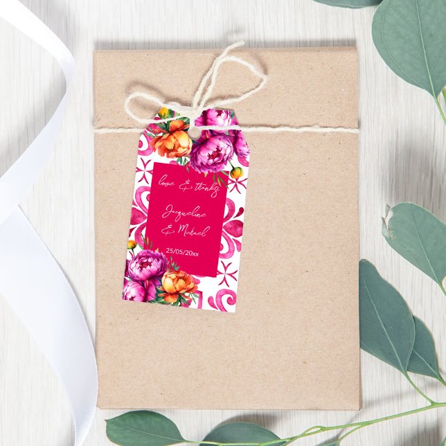 Étiquettes-cadeau Fuchsia Majolica tuiles orange merci pour (Fuchsia Majolica tiles orange pink peonies thank you favor Gift Tags wedding favor tags favors)