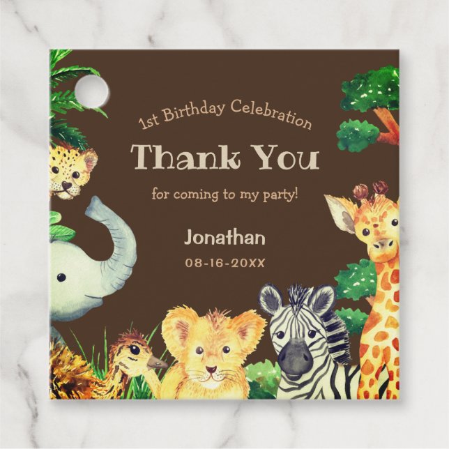 Étiquettes Cadeau Fun Chocolat Brown Jungle Animaux sauvages Anniver (Devant)