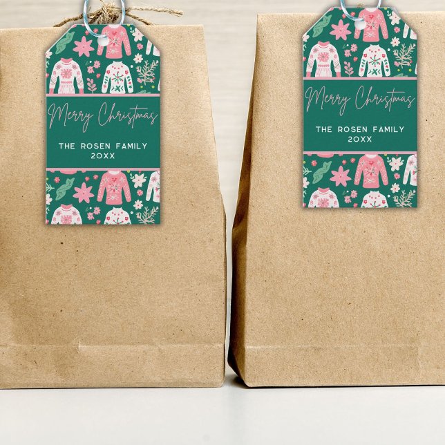Étiquettes-cadeau Fun rose et vert doux Sweat vacances de Noël (Créateur téléchargé)