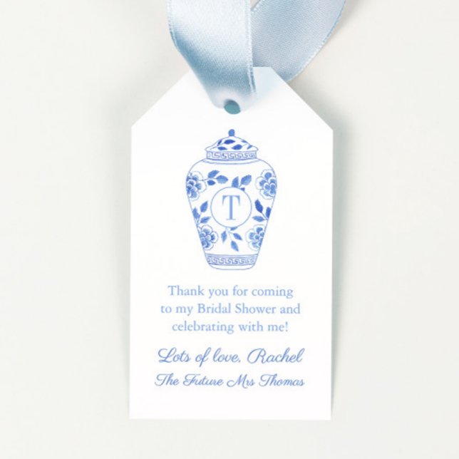 Étiquettes-cadeau Futur Bleu Élégant Mme Monogramme Réception de Mar (Elegant watercolor Ginger jar with monogram future mrs bridal shower favor tags w/ greek key backer)