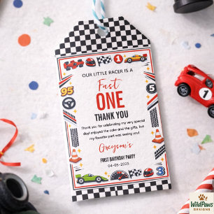 Étiquettes-cadeau Garçon de voiture de course rapide Premier Anniver
