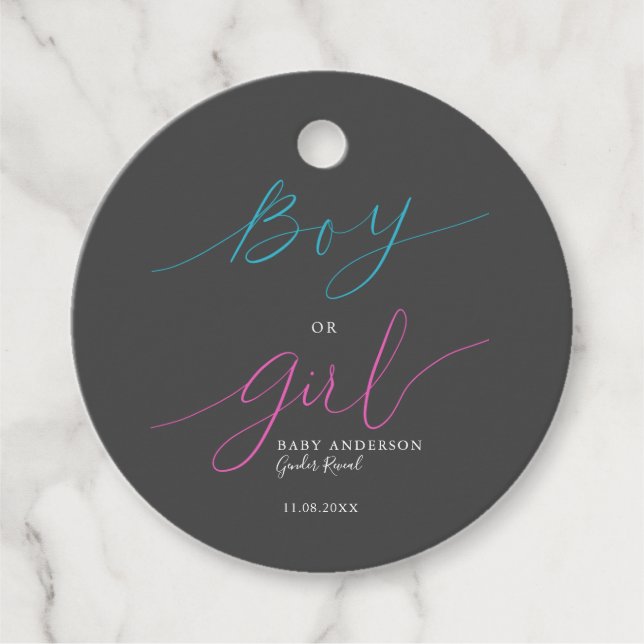 Étiquettes Cadeau Garçon ou fille Élégant Pink Blue Script Révélatio (Devant)