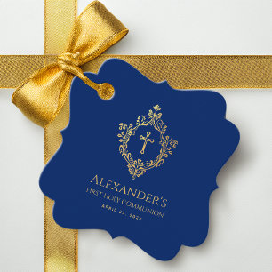 Étiquettes Cadeau Garçon Première Communion Royal Blue Vintage Gold 