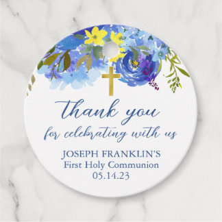 Étiquettes Cadeau Garçons Blue Floral Merci Baptême Communion