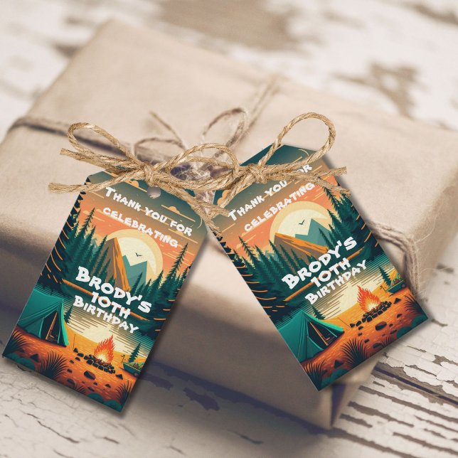 Étiquettes-cadeau Garçons Camping Aventure Anniversaire Fête Favoris (Créateur téléchargé)