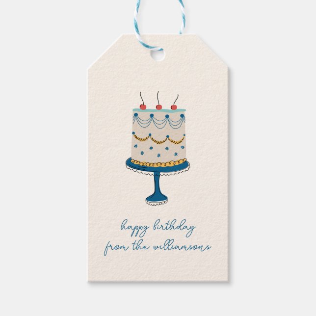 Étiquettes-cadeau Gâteau d'anniversaire bleu doodle mignon avec nom  (Devant)