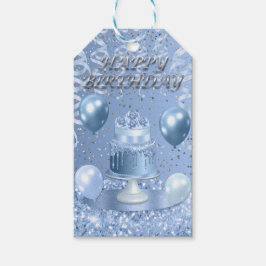 Étiquettes-cadeau Gâteau d'anniversaire bleu étincelant