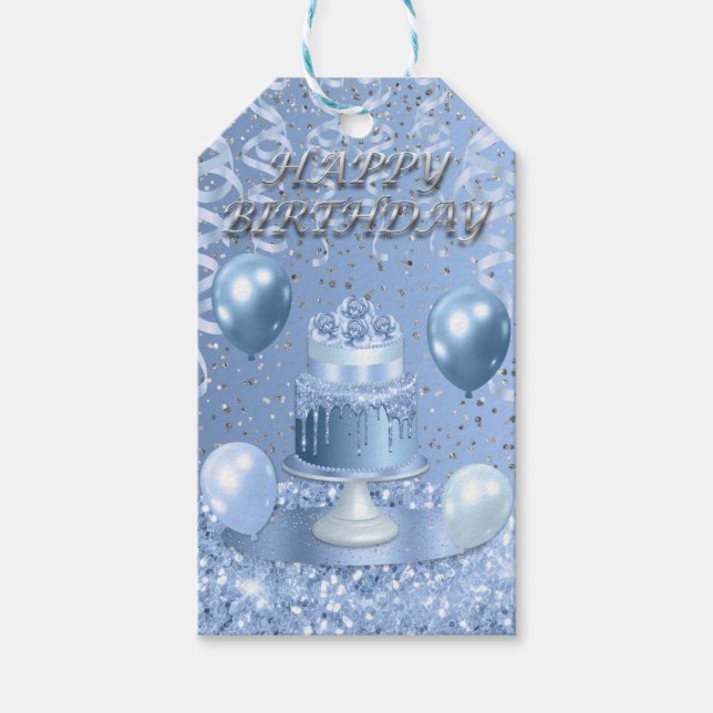 Étiquettes-cadeau Gâteau d'anniversaire bleu étincelant (Devant)