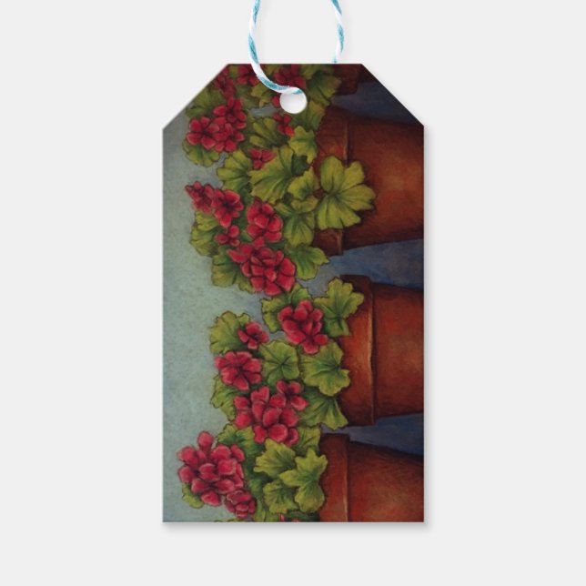 Étiquettes-cadeau Geraniums rouges en pots d'argile (Devant)