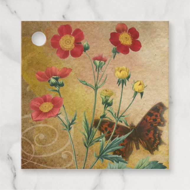 Étiquettes Cadeau Geum rouge rustique et floral papillon (Devant)
