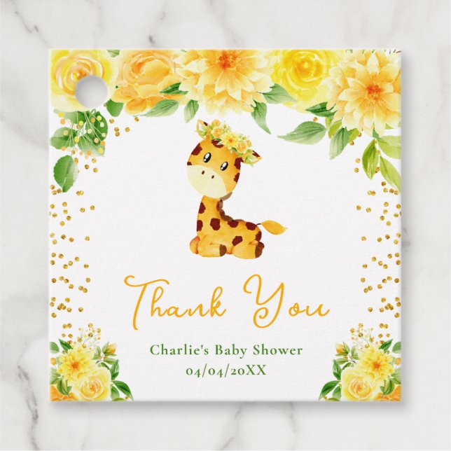Étiquettes Cadeau Giraffe Jaune Baby shower Floral Merci (Devant)