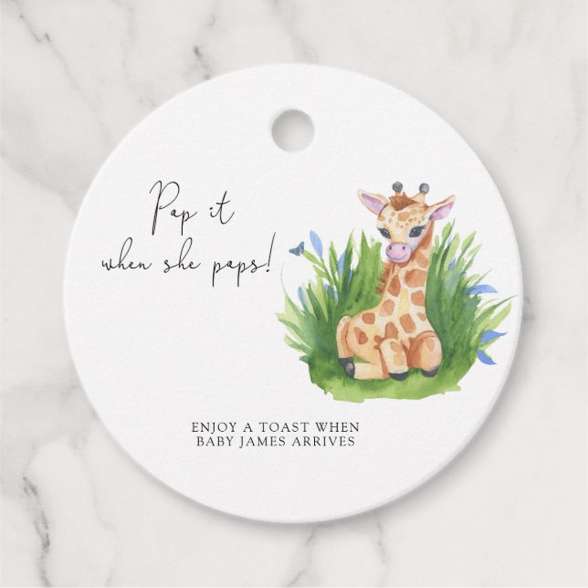 Étiquettes Cadeau Giraffe - Pop it quand elle pop baby shower (Devant)