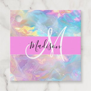 Étiquettes Cadeau Girl Rainbow Holographic Iridescente Monogramme No