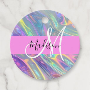 Étiquettes Cadeau Girl Rainbow Holographic Iridescente Monogramme No