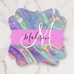 Étiquettes Cadeau Girl Rainbow Holographic Iridescente Monogramme No