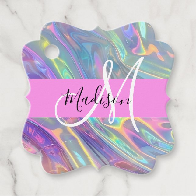 Étiquettes Cadeau Girl Rainbow Holographic Iridescente Monogramme No (Devant)