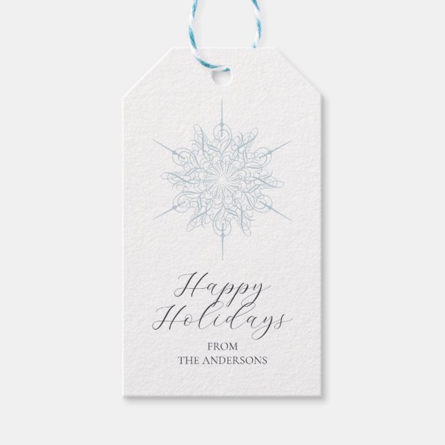 Étiquettes-cadeau Glace Blue Snowflake Joyeux Vacances Nom de famill (Devant)