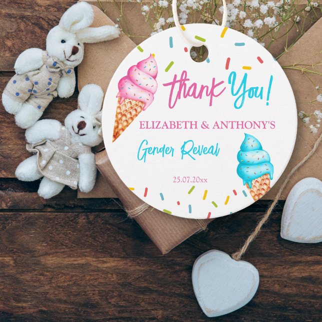 Étiquettes Cadeau Glace genre révéler merci (Ice cream gender reveal thank you favor gift tags pink and blue ice cream cones with sprinkles)