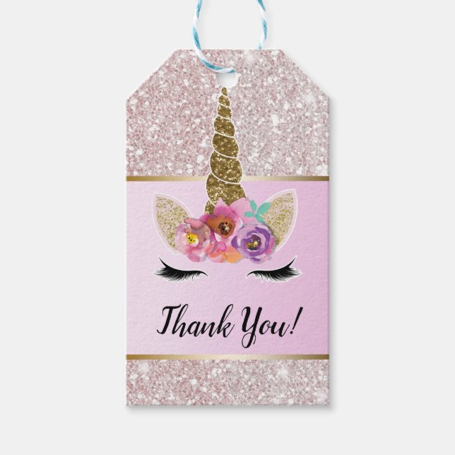Étiquettes-cadeau Glam en or Parties scintillant blanche Unicorne Fl (Devant)