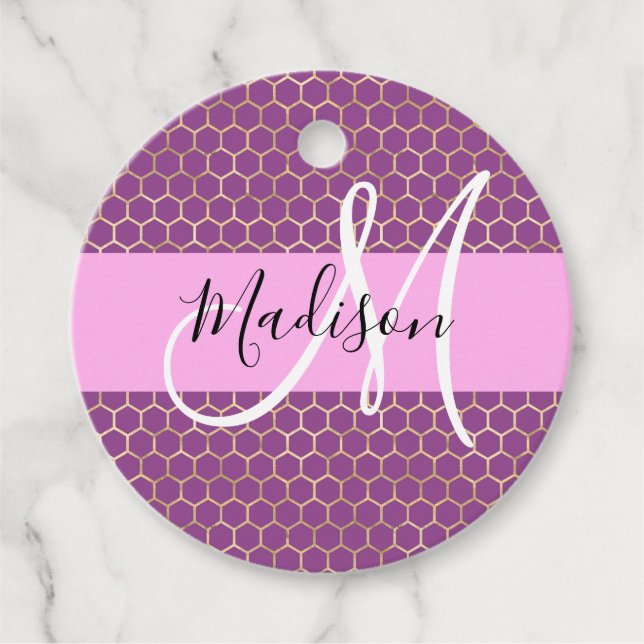 Étiquettes Cadeau Glam Fuchsia Metallic rose Honeycomb Nom (Devant)